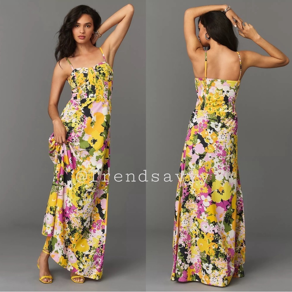 Anthropologies S/W/F Floral Corset Maxi Dress Pink Yellow Wedding Guest S NWT
